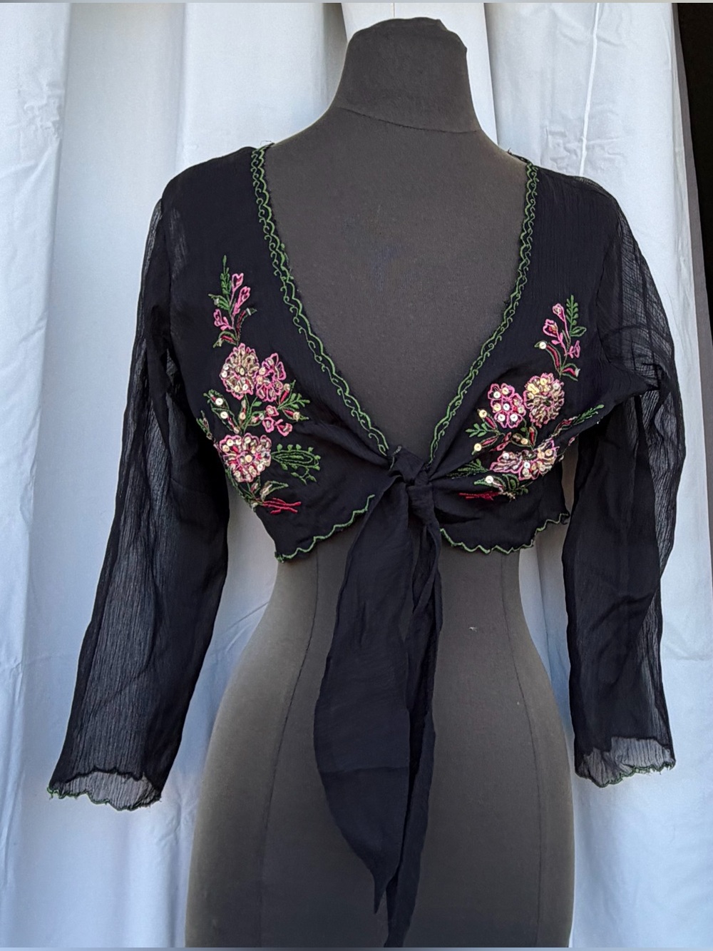 Johnny J Y2K 100% Chiffon Silk Embroidered Sequin Blouse, Sheer Tie Crop Top